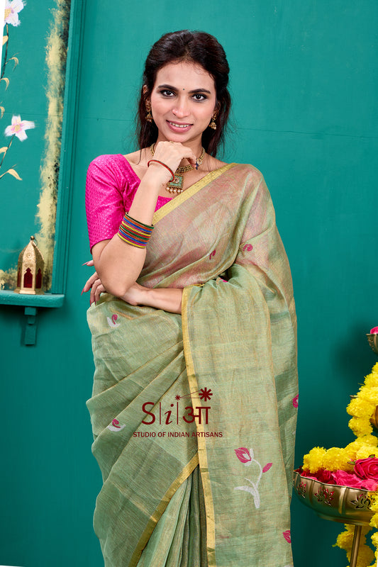 OLIVE TULIP SHIMMER - TISSUE LINEN SAREE