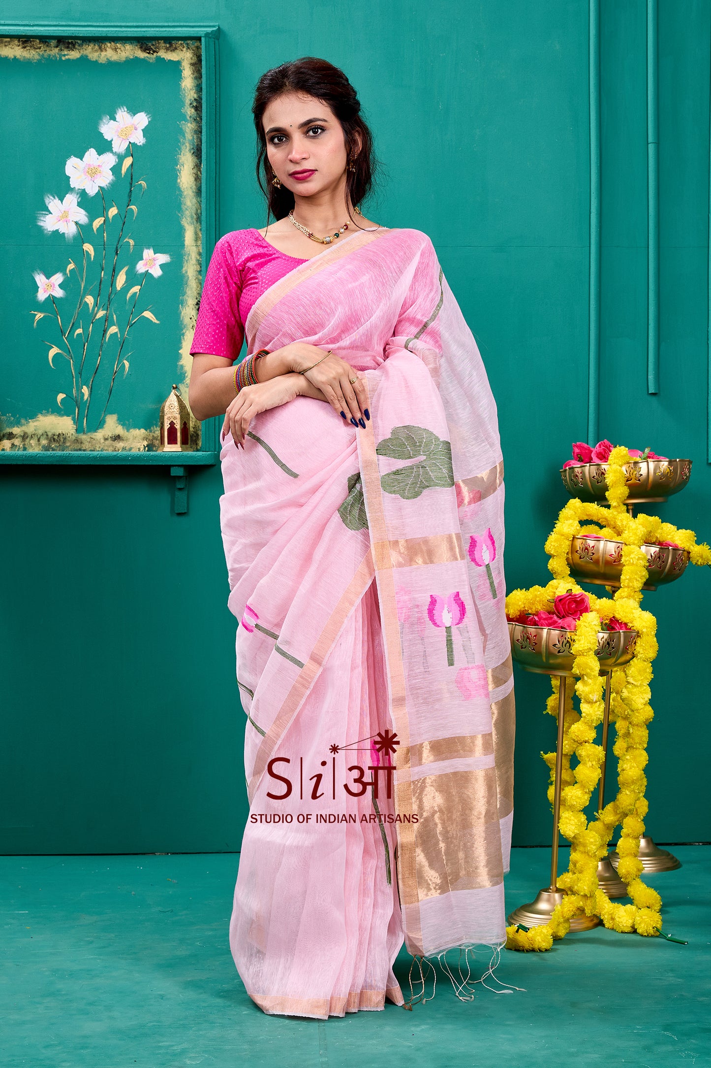 BLUSH LOTUS - SILK LINEN SAREE