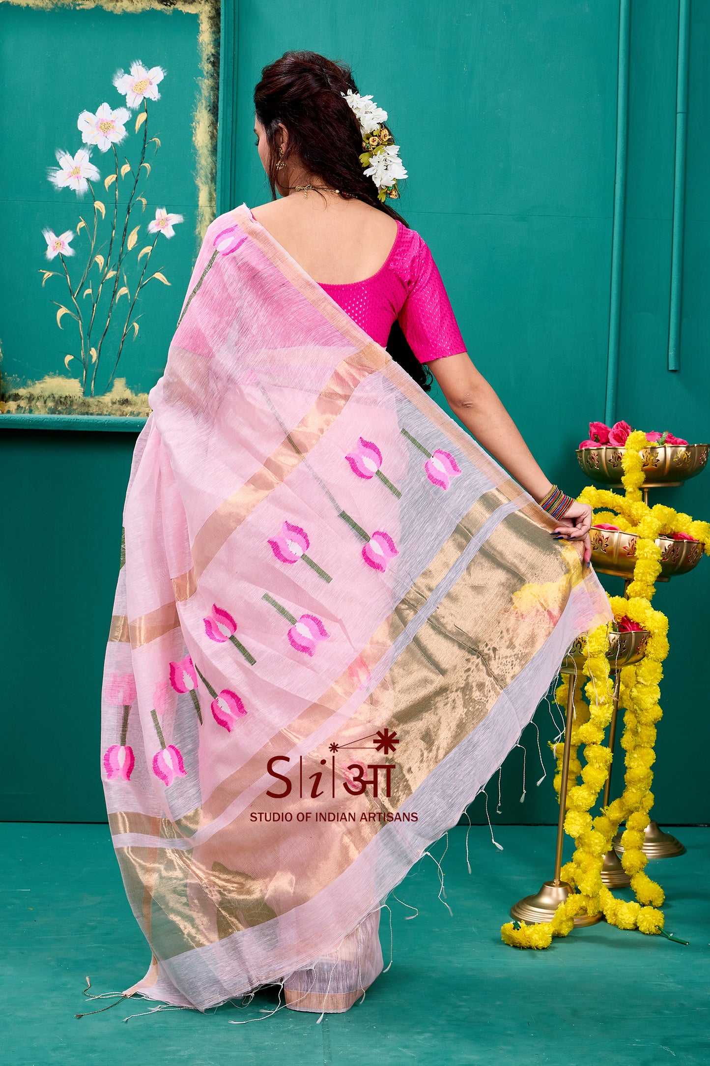 BLUSH LOTUS - SILK LINEN SAREE