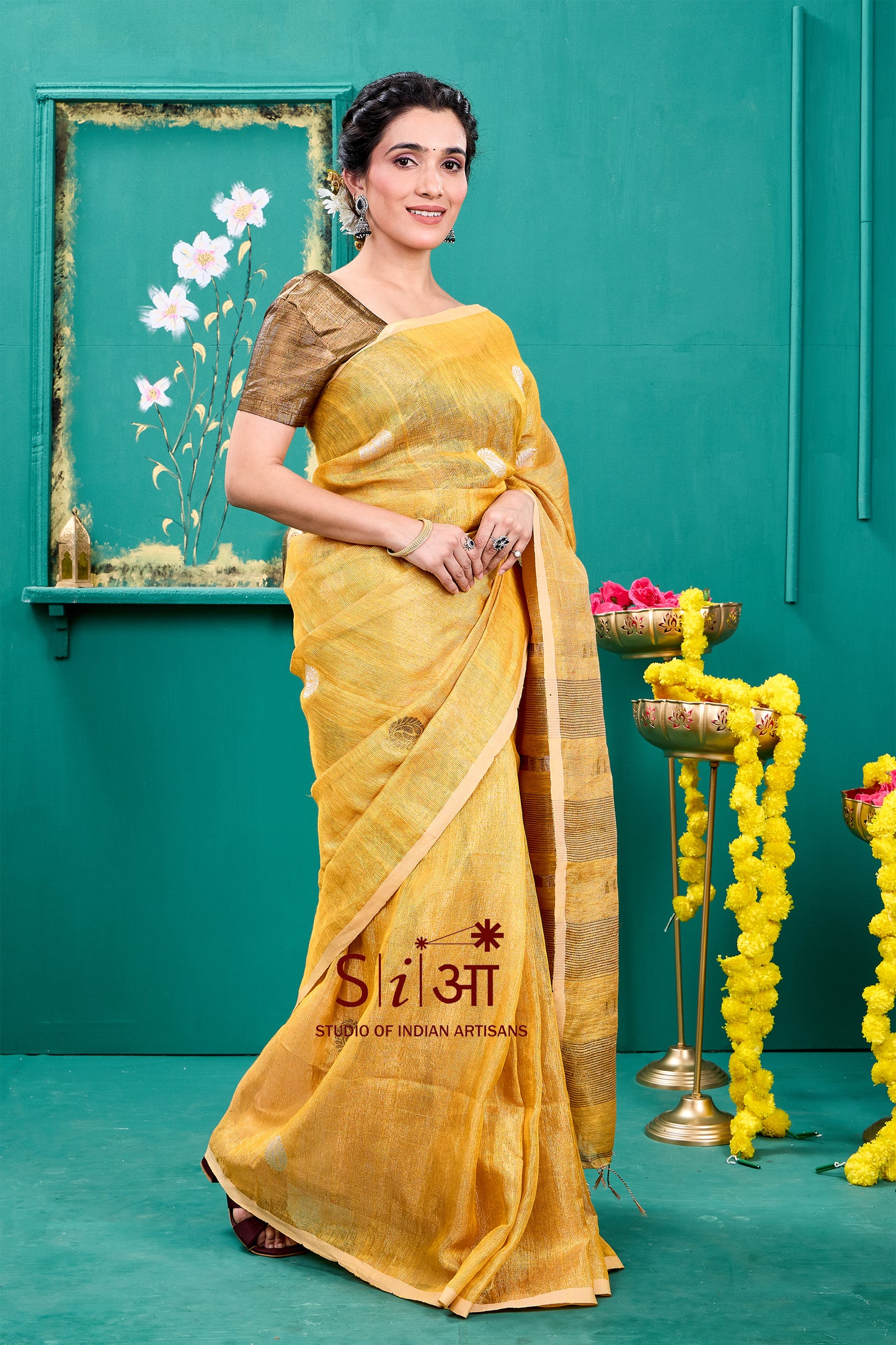 "SUNFLOWER GLITTERATI - TISSUE LINEN SAREE "