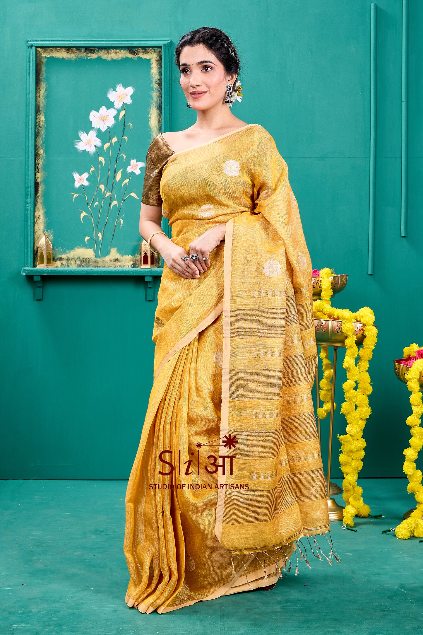 "SUNFLOWER GLITTERATI - TISSUE LINEN SAREE "