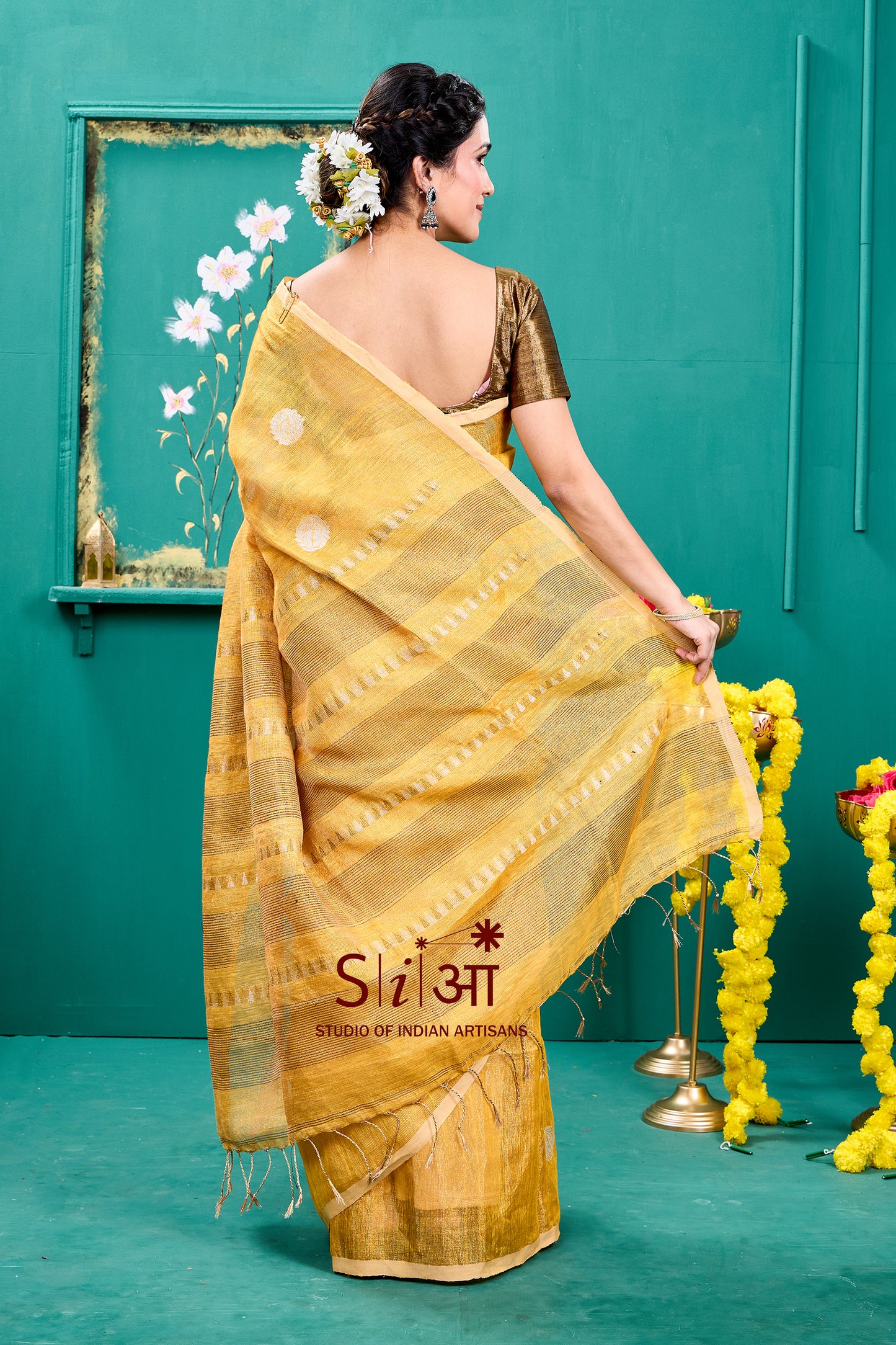 "SUNFLOWER GLITTERATI - TISSUE LINEN SAREE "
