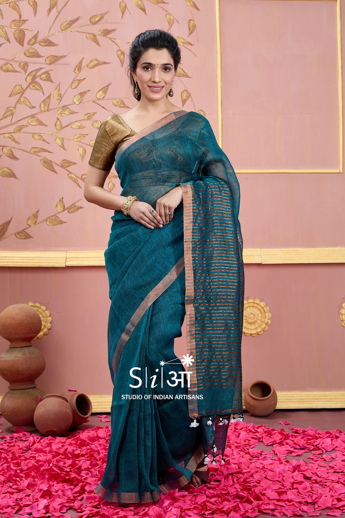 TEAL SYMPHONY - LINEN SAREE