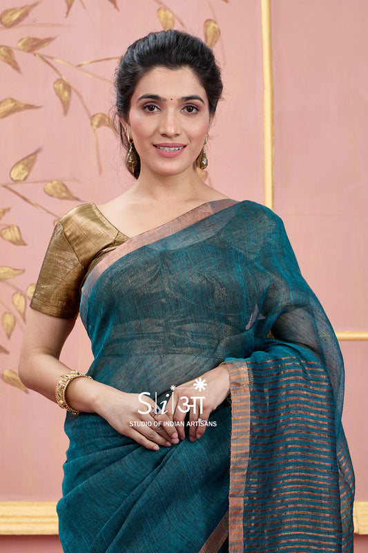 TEAL SYMPHONY - LINEN SAREE