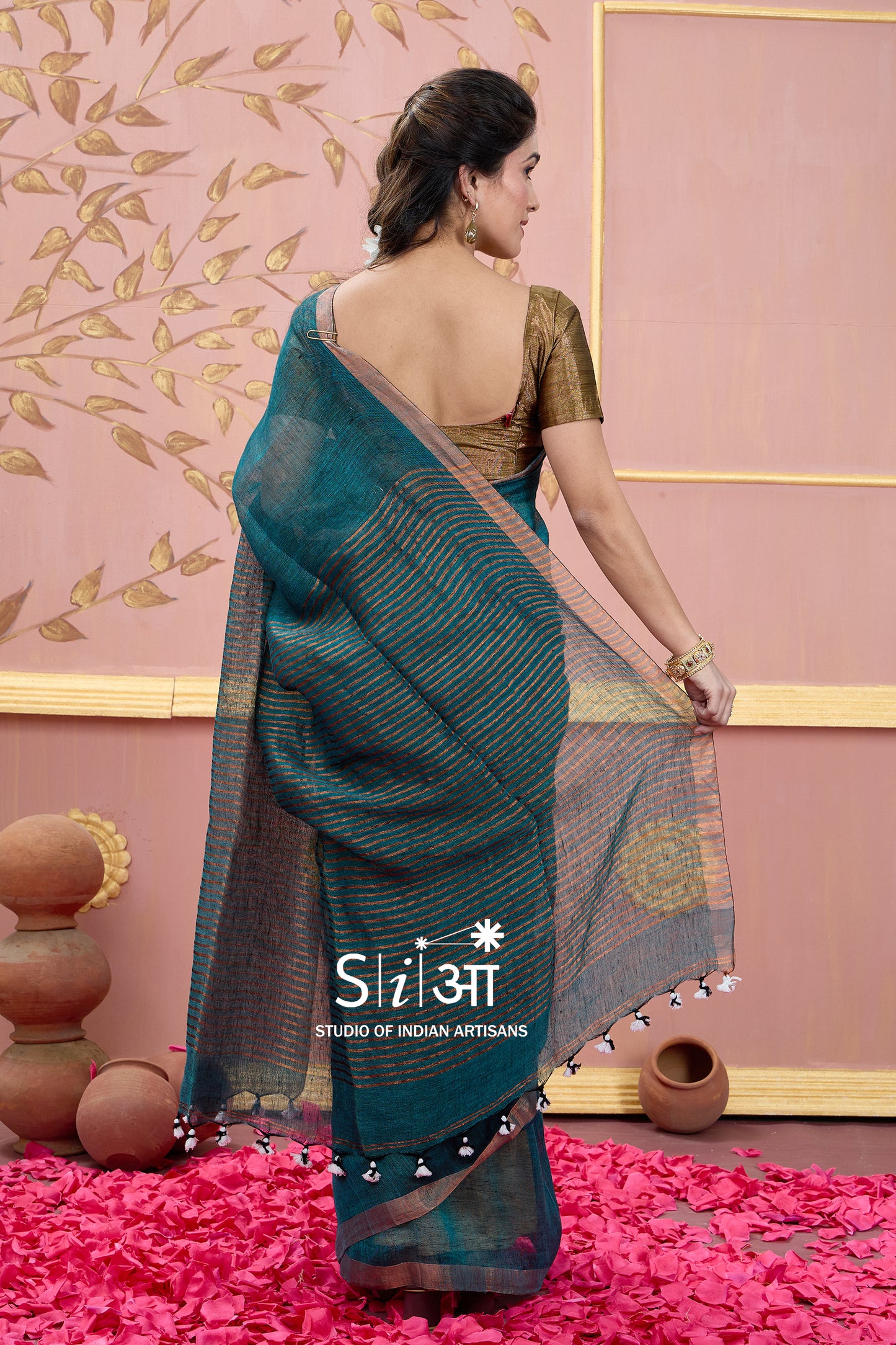 TEAL SYMPHONY - LINEN SAREE