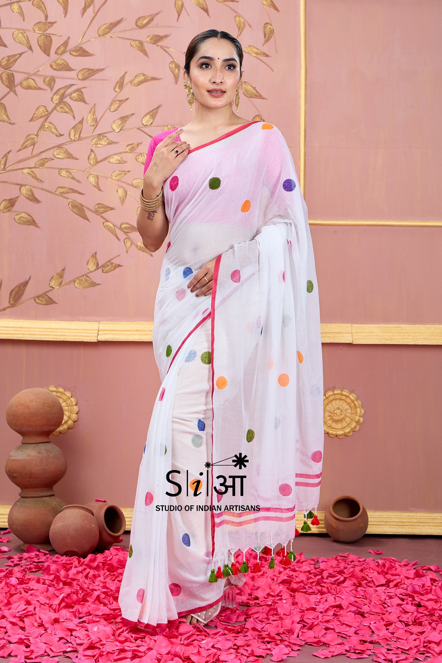 SAFED POLKA - MUL COTTON SAREE