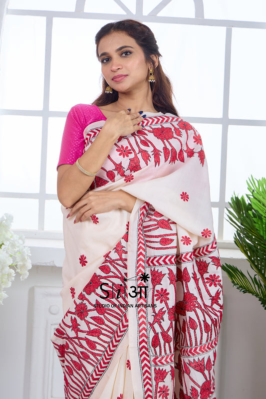 RED BLOOM - KOREAN TUSSAR SILK SAREE