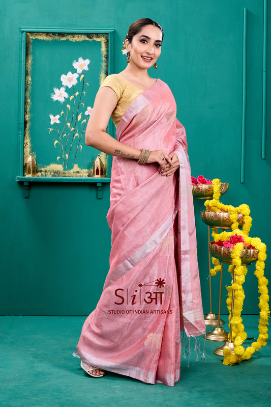 Rose Mirage Handwoven Linen Saree