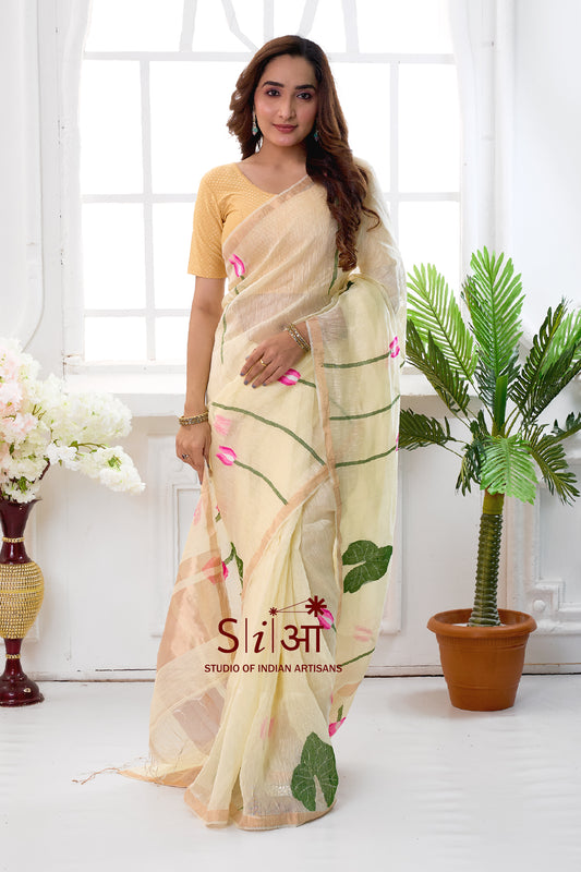ROYAL IVORY BLOOM- SILK LINEN SAREE