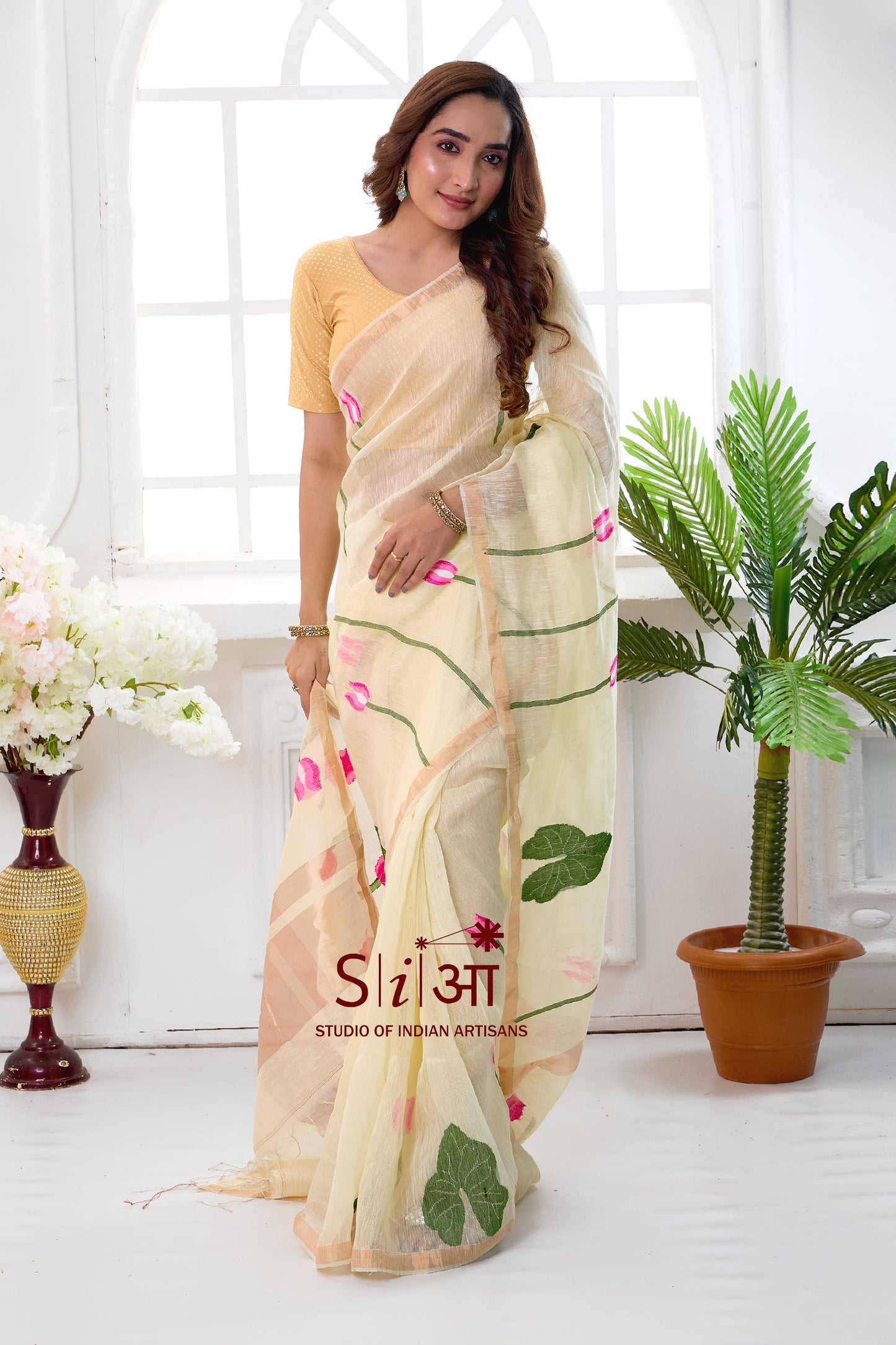 ROYAL IVORY BLOOM- SILK LINEN SAREE