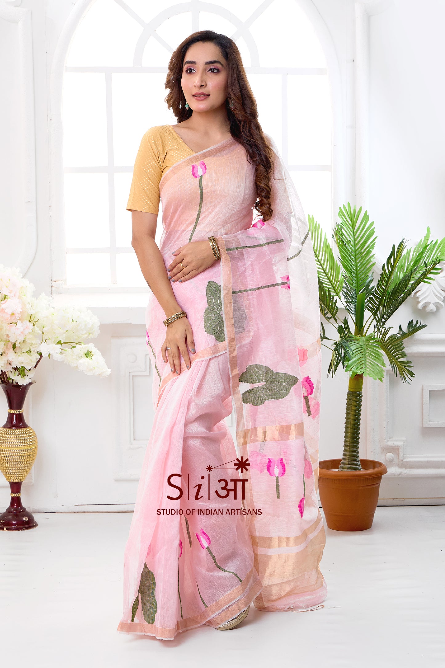 BLUSH LOTUS - SILK LINEN SAREE