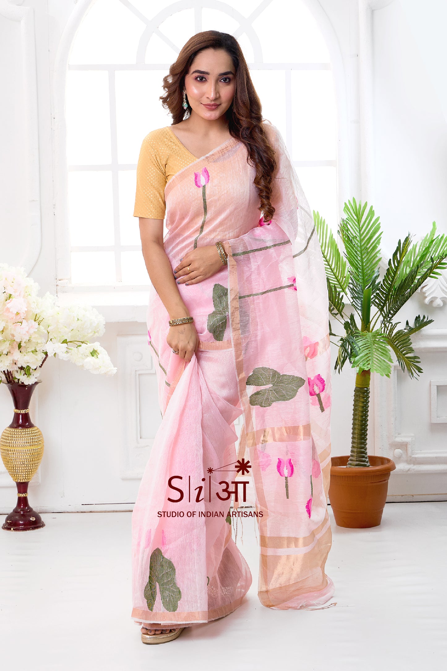 BLUSH LOTUS - SILK LINEN SAREE