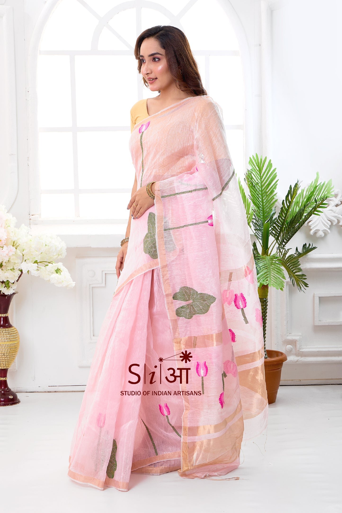 BLUSH LOTUS - SILK LINEN SAREE