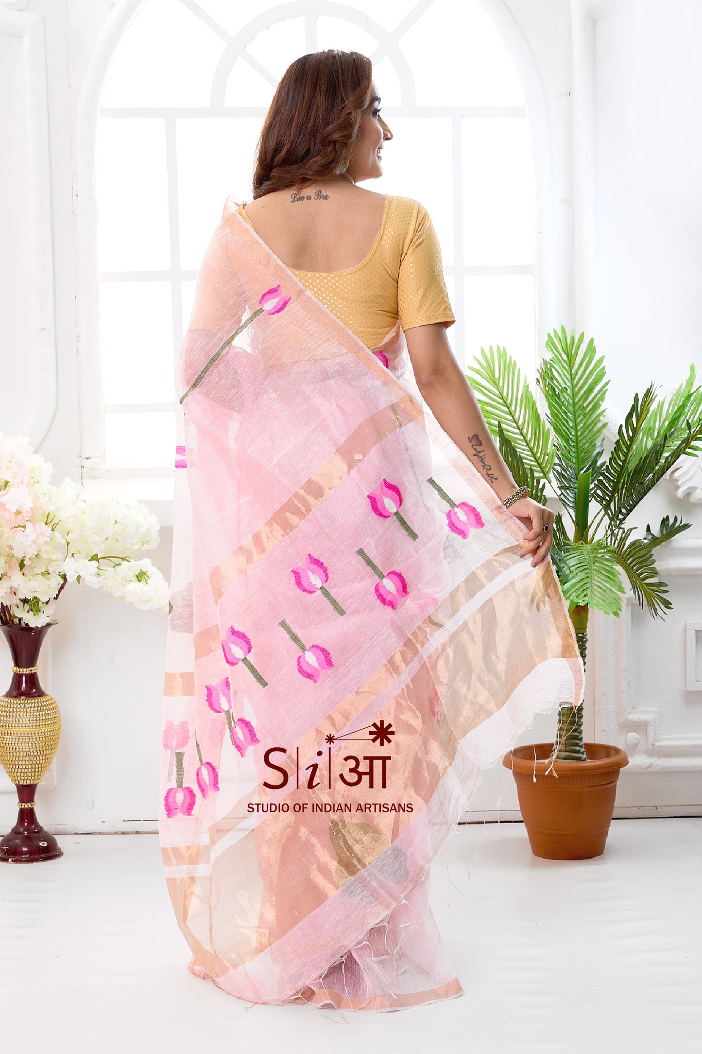 BLUSH LOTUS - SILK LINEN SAREE