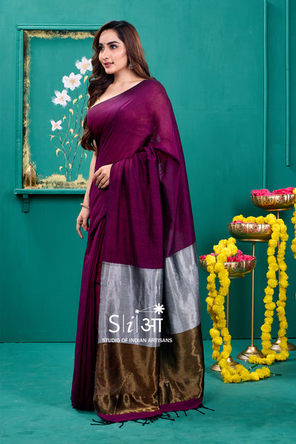 Beetroot Shimmer-Khadi Cotton Saree
