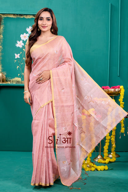 SHIMMERING TULIP BLUSH - TISSUE LINEN SAREE