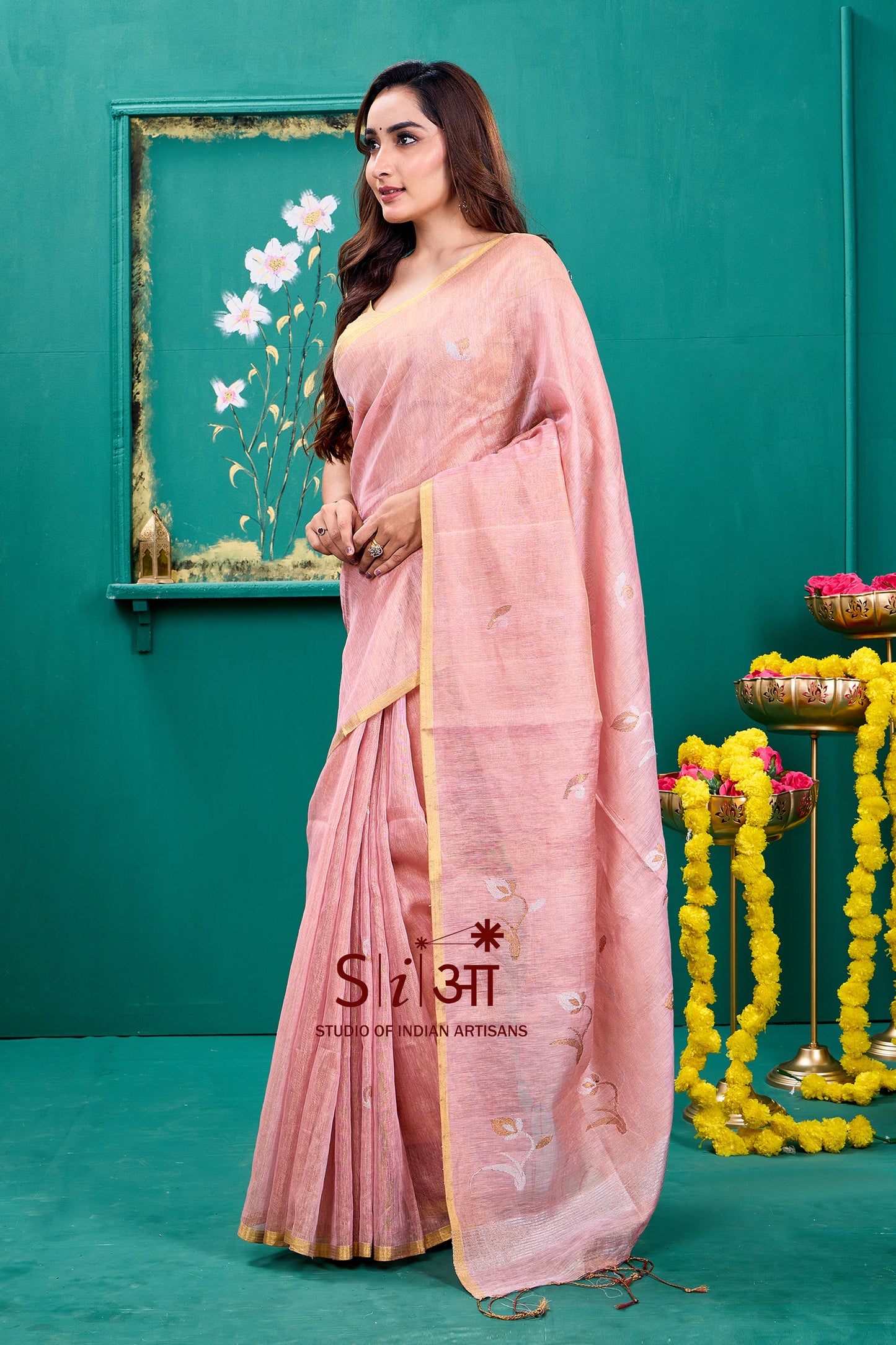 SHIMMERING TULIP BLUSH - TISSUE LINEN SAREE