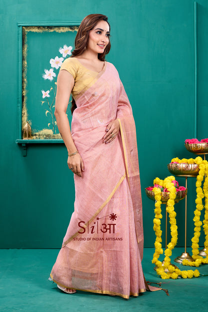 SHIMMERING TULIP BLUSH - TISSUE LINEN SAREE
