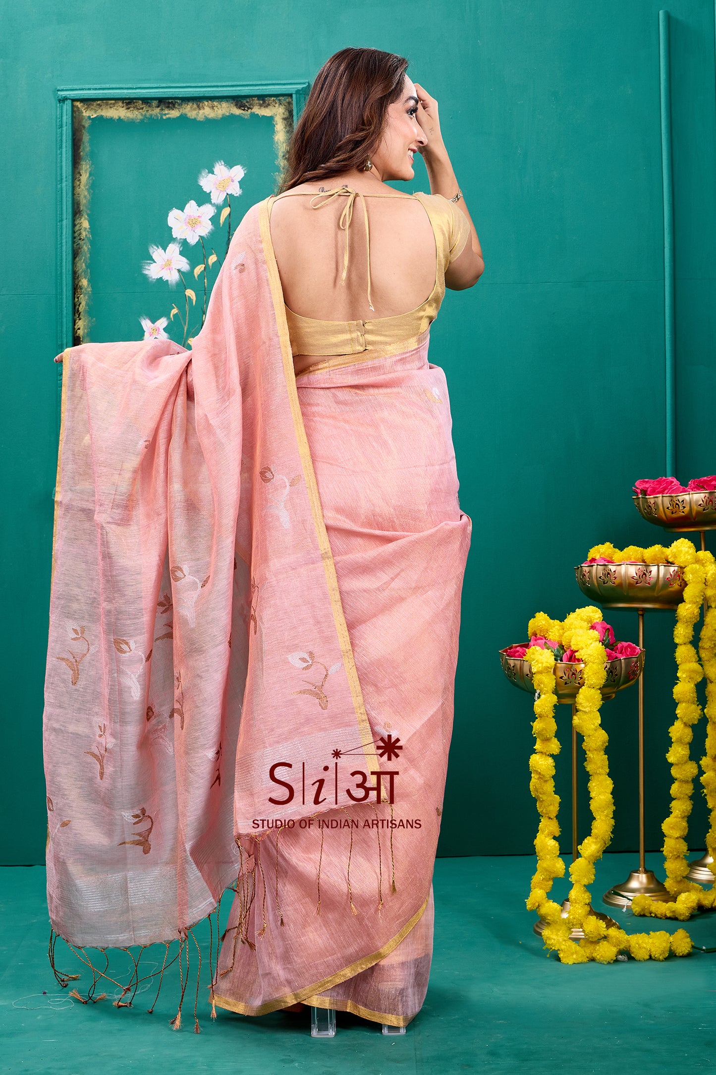 SHIMMERING TULIP BLUSH - TISSUE LINEN SAREE