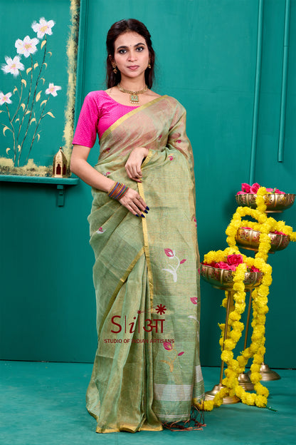 OLIVE TULIP SHIMMER - TISSUE LINEN SAREE