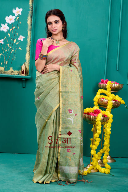 OLIVE TULIP SHIMMER - TISSUE LINEN SAREE