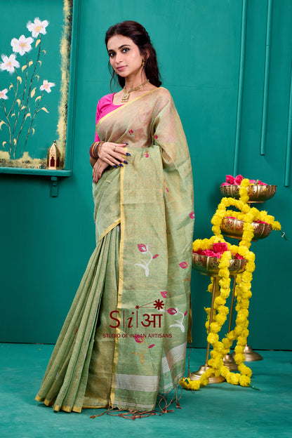 OLIVE TULIP SHIMMER - TISSUE LINEN SAREE