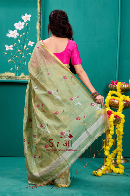 OLIVE TULIP SHIMMER - TISSUE LINEN SAREE