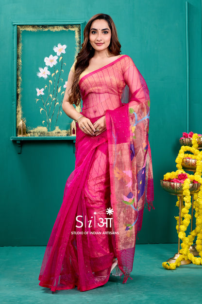 FLUTTER IN FUCHSIA - MUSLIN SILK SAREE