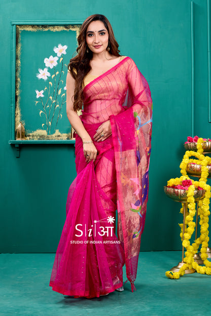 FLUTTER IN FUCHSIA - MUSLIN SILK SAREE