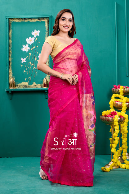 FLUTTER IN FUCHSIA - MUSLIN SILK SAREE