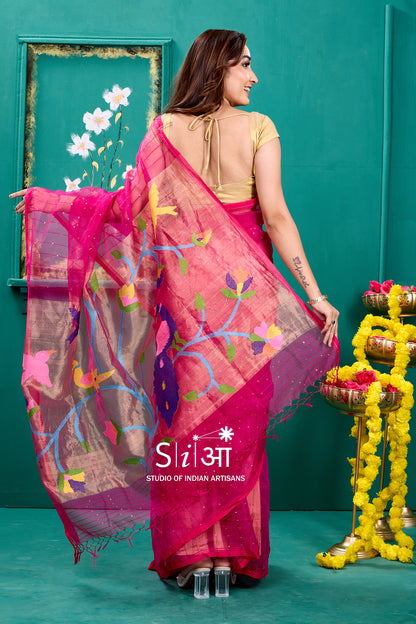 FLUTTER IN FUCHSIA - MUSLIN SILK SAREE