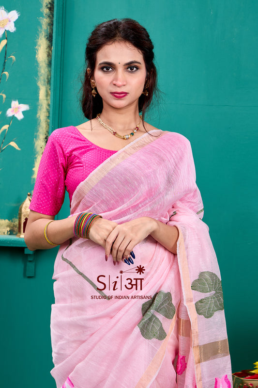 BLUSH LOTUS - SILK LINEN SAREE