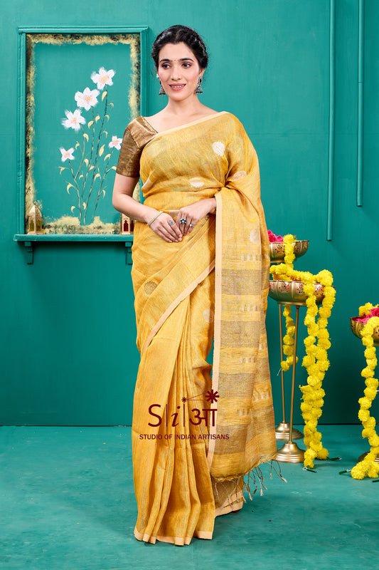 "SUNFLOWER GLITTERATI - TISSUE LINEN SAREE  "