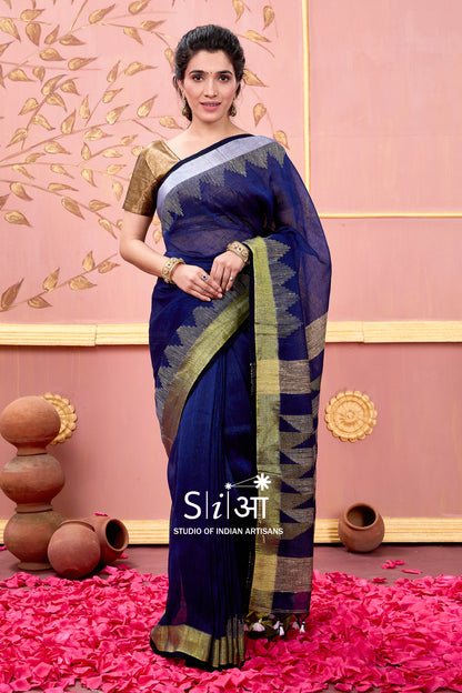 DARK SAPPHIRE GLOW - LINEN SAREE