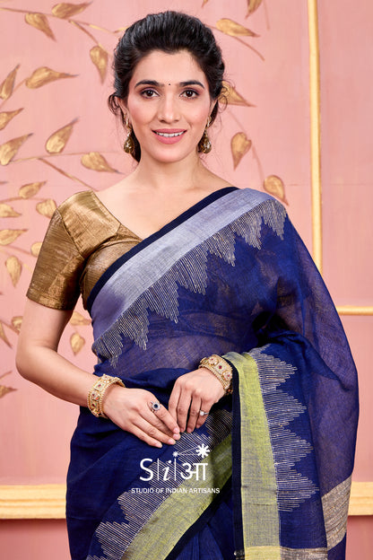 DARK SAPPHIRE GLOW - LINEN SAREE