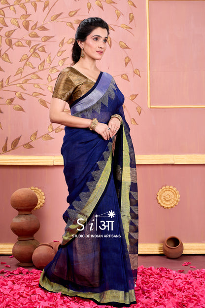 DARK SAPPHIRE GLOW - LINEN SAREE