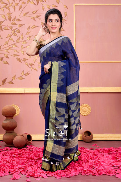 DARK SAPPHIRE GLOW - LINEN SAREE