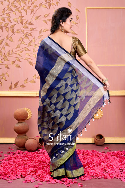 DARK SAPPHIRE GLOW - LINEN SAREE