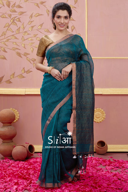 TEAL SYMPHONY - LINEN SAREE
