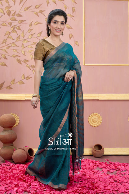 TEAL SYMPHONY - LINEN SAREE