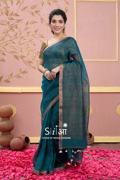 TEAL SYMPHONY - LINEN SAREE