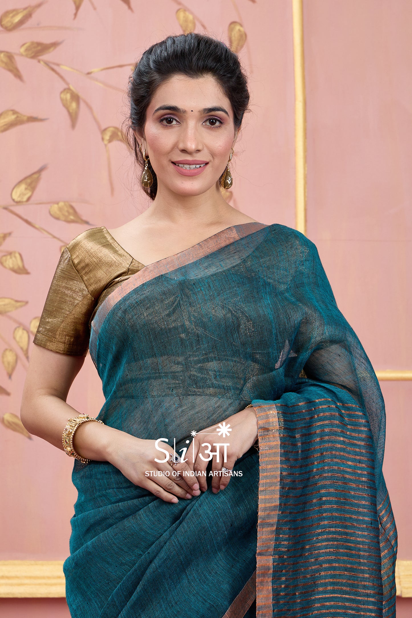TEAL SYMPHONY - LINEN SAREE