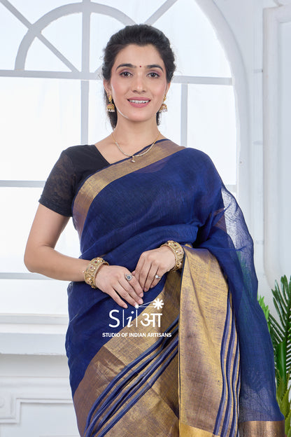 MIDNIGHT GOLD - LINEN SAREE