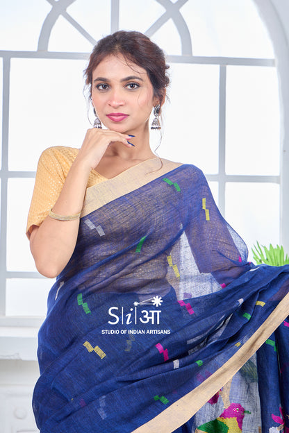 CHIRPING BLUES - LINEN SAREE