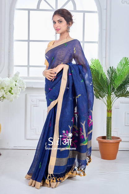CHIRPING BLUES - LINEN SAREE