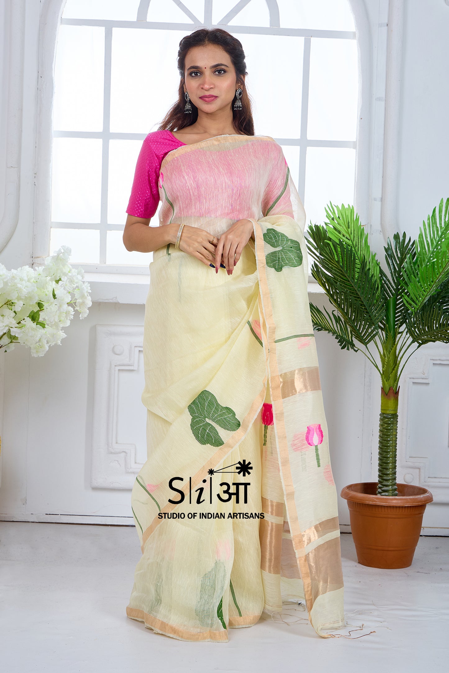 ROYAL IVORY BLOOM- SILK LINEN SAREE