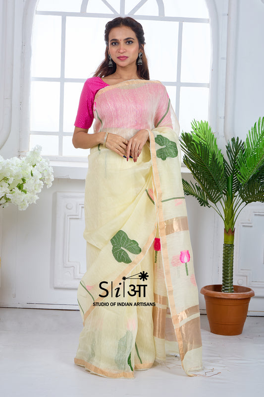 ROYAL IVORY BLOOM- SILK LINEN SAREE