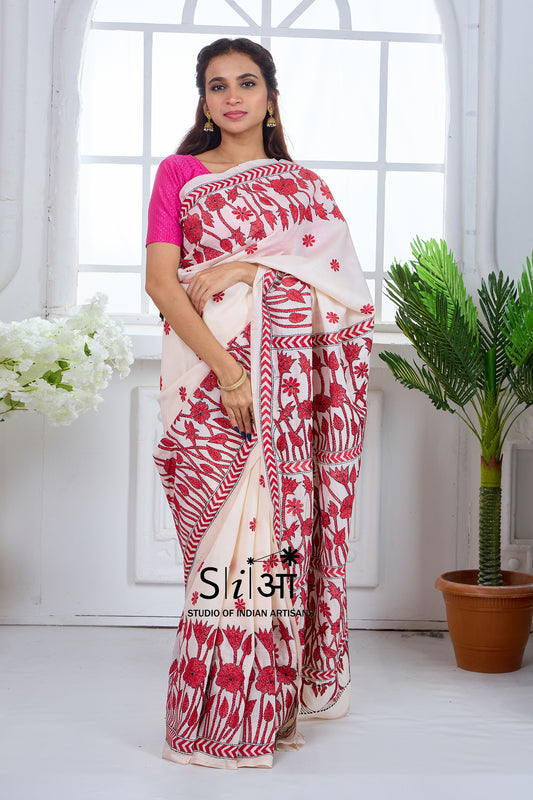 RED BLOOM - KOREAN TUSSAR SILK SAREE