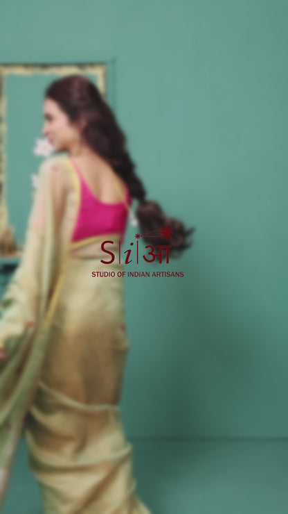 OLIVE TULIP SHIMMER - TISSUE LINEN SAREE